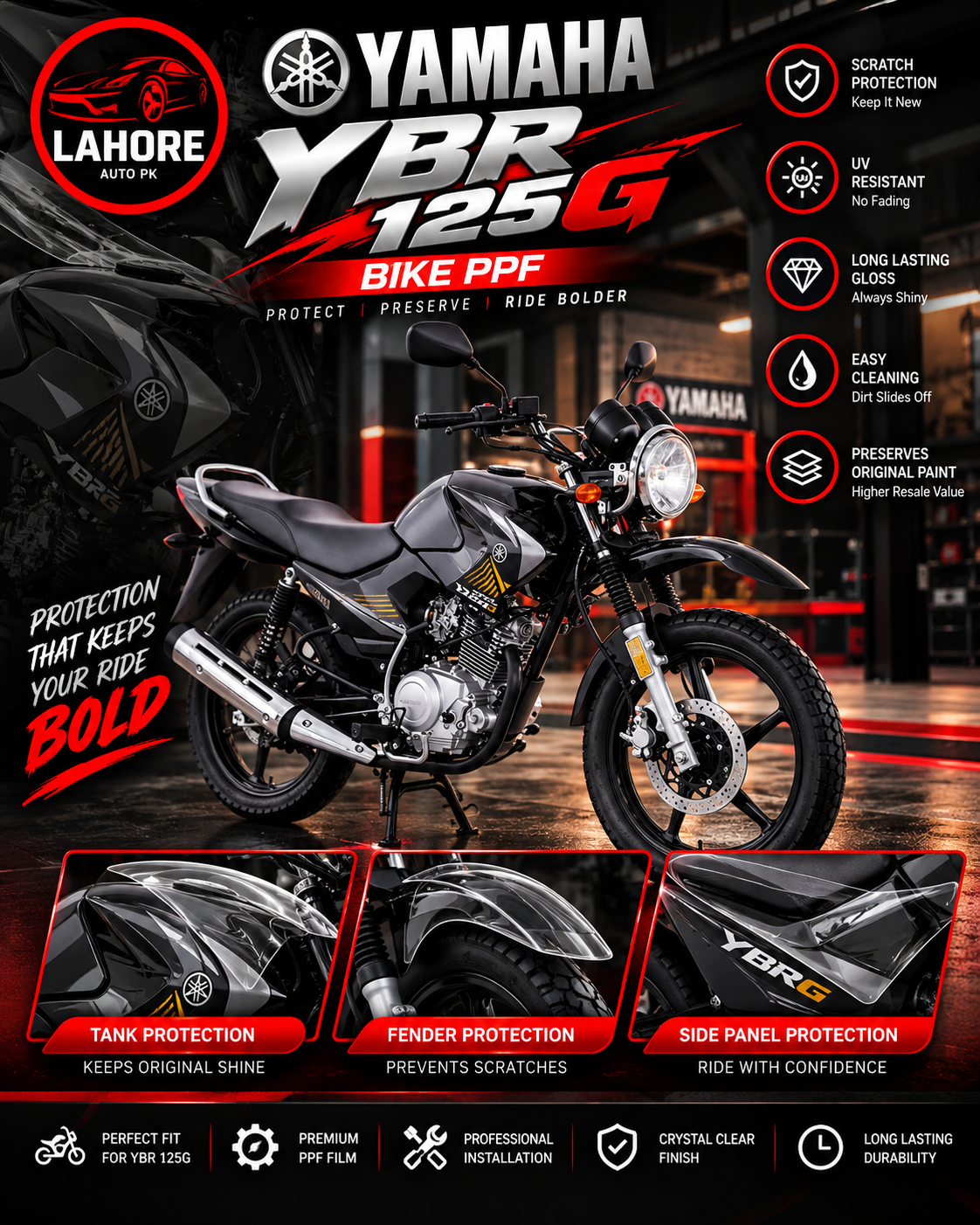 Yamaha YBR 125G Bike PPF – Premium Paint Protection Film in Lahore